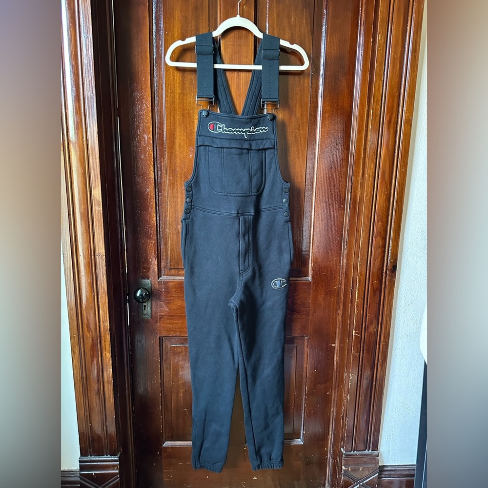 Champion Super Fleece Overalls Mens Sz XS Black Spellout Sweatpants Jogger 30x28 - Picture 2 of 11